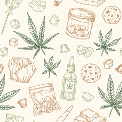 Cannabis products seamless pattern. Marijuana hand drawn vintage background. Vector illustration in sketch style. Weed engraving design