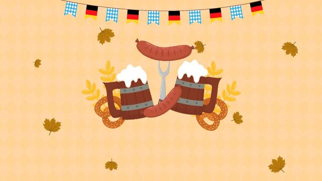 oktoberfest celebration Background Animation. A mug of beer, a bottle of beer, a pretzel, a sausage. 