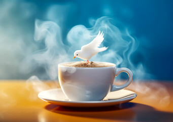 coffee cup with steam cloud in the morning, bird above it