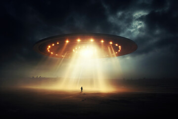 Fototapeta na wymiar Illuminated UFO Alien Spaceship Over One Man at Night. Alien Abduction, Contact Concept.