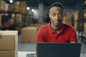 African man in red shirt in delivery service warehouse, looking at camera, sitting at office desk with laptop. Using a laptop while working. Generative ai.