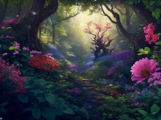 Obraz na płótnie Canvas Image of a vibrant forest bursting with life, from colorful flowers to diverse wildlife. The composition celebrates the miraculous beauty of nature's creations