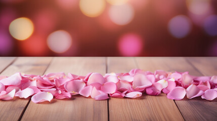 wooden table top with pink rose petals on blurred abstract background. Generative AI.