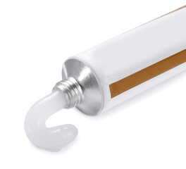 Open tube of ointment isolated on white, space for text