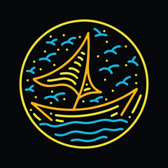 Premium Monoline Colorful Boat Vector Graphic Design illustration Vintage style Emblem Symbol and Icon