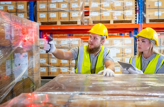 Storehouse workers are checking stock and inventory in retail warehouse. Business factory industry concept.