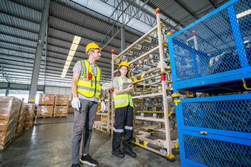 Storehouse workers are checking stock and inventory in retail warehouse. Business factory industry concept.