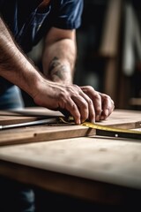 cropped shot of a carpenter making measurements on wood with his tape measure