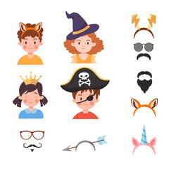 Cute cheerful kids wearing various headbands, cartoon flat vector illustration isolated on white background.