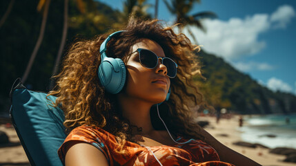 a young woman on a exotic beach listening music with headphones