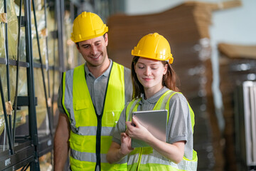 Storehouse workers are checking stock and inventory in retail warehouse. Business factory industry concept.