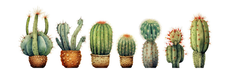 Watercolor Cactus in pots , Cactus pattern for printing ,Cactus transparent background, PNG , Generative AI