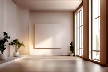 Perspective view of blank light wall with place for poster or banner in a beautiful and awesome office corridor interior. 3D Rendering mockup. Created with generative Ai.