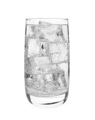 Glass of refreshing soda water with ice cubes isolated on white