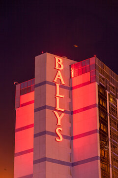 logo of Ballys casino and restautant at the facade of the casino at Las Vegas strip.