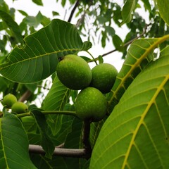 green walnuts on a tree