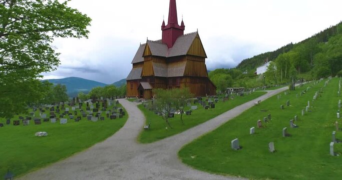 Aerial Drone View of Stave Church in Norway (Ringebu Stavkirke)