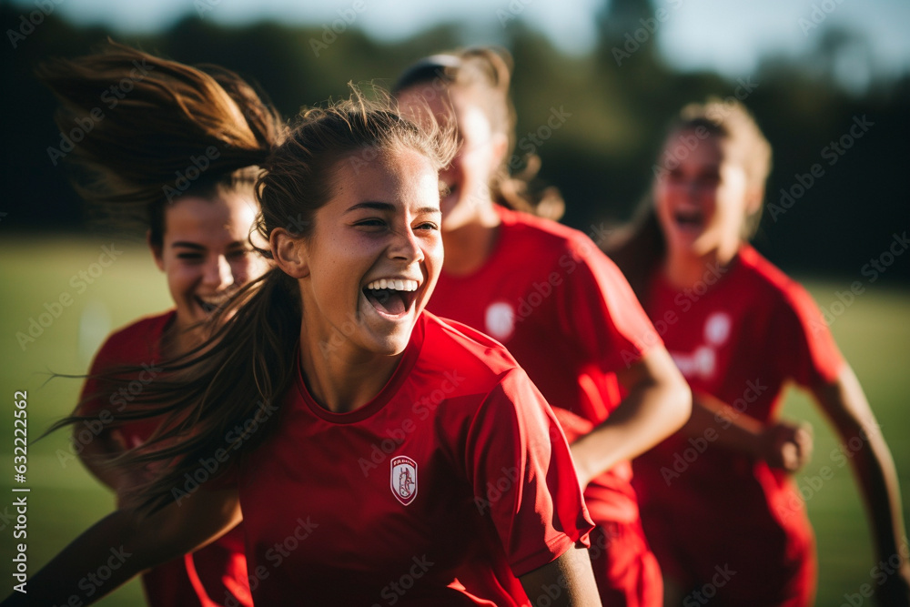 Wall mural celebration of a goal in women's soccer, women with great joy celebrating success