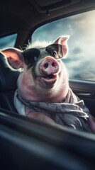 Happy pig in sunglasses in the car. Generative AI