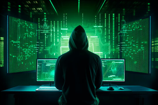 hacker en centro de servidores, observando y analizando para hackear el sistema, pantallas de computadora y programacion de servidores y cortafuegos informaticos