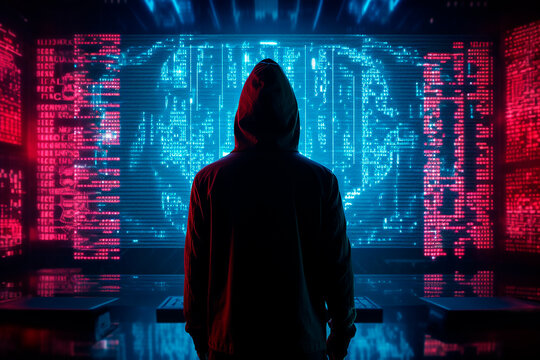 hacker in server center to break the computer security system, and steal information and data, huge screens with python security programming code
