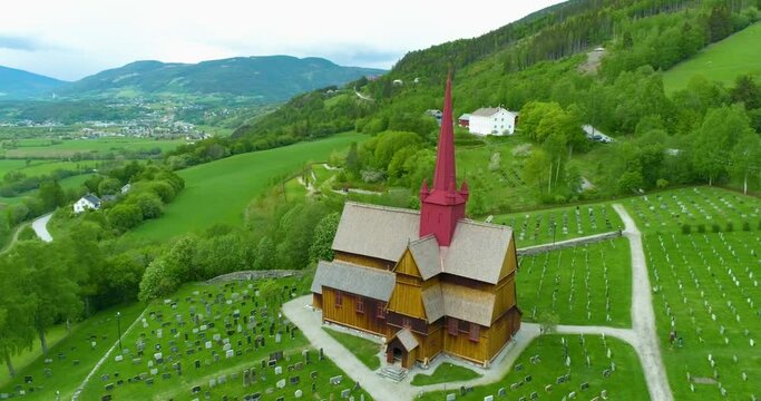 Aerial Drone View of Stave Church in Norway (Ringebu Stavkirke)