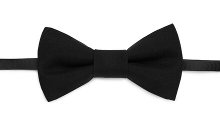Stylish black bow tie on white background, top view