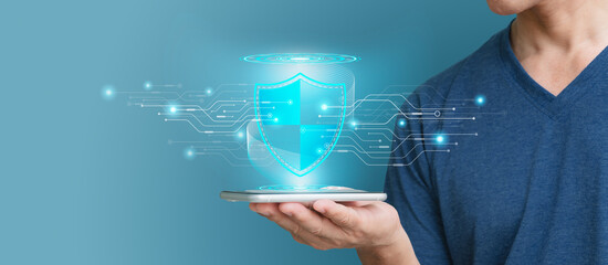 Businessmen employ safe tablet encryption technology, cybersecurity and data protection, intelligent digital assault protection to protect business and financial transaction data from cyber attacks.