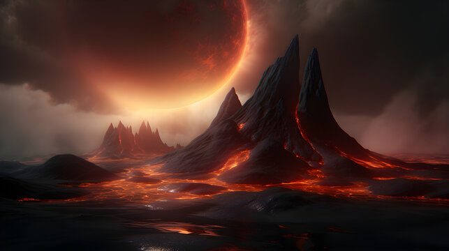 Generative AI image of red hot lava, red moon, on a distant alien planet, molten magma flows onto solidified black lavafield and rocky land near volcano eruption, HD background wallpaper