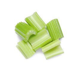 Fresh cut celery isolated on white, top view