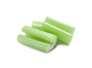Pieces of fresh cut celery isolated on white