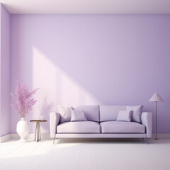 Minimalistic home interior in lavander color. Empty wall and sofa, mock up, design. AI generative, illustration.