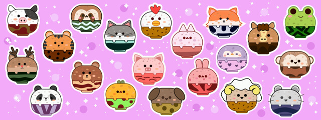 Set cute face animals sticker