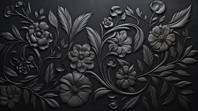 Black background tone with embossed floral pattern on metal surface.