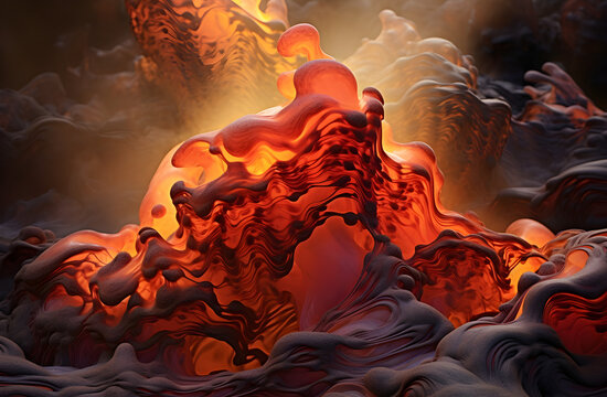 Generative AI image of red hot lava, molten magma flows onto solidified black lavafield and rocky land near volcano eruption, HD background wallpaper