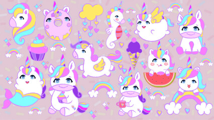 Set of kawai unicorn stickers