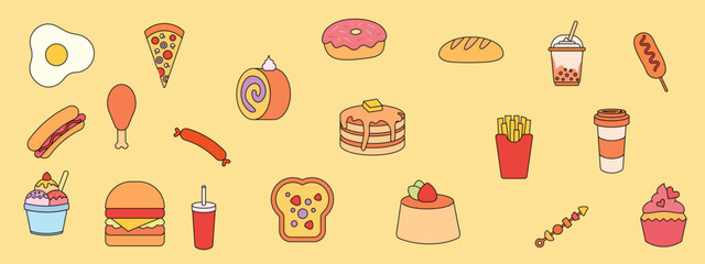 Set of cute fast food doodle sticker collection