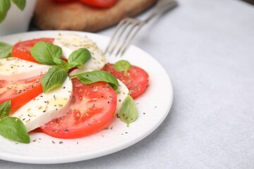 Plate of delicious Caprese salad with herbs on light grey table, closeup. Space for text