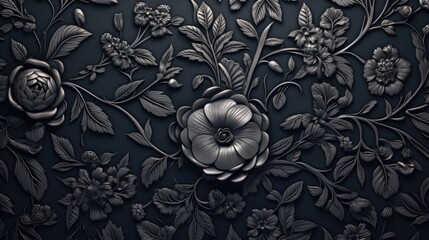 Black background tone with embossed floral pattern on metal surface. - obrazy, fototapety, plakaty