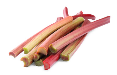 Heap of fresh rhubarb stalks isolated on white