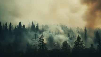 Crédence de cuisine en verre imprimé Forêt dans le brouillard The forest is filled with thick smoke from a forest fire. Generative AI