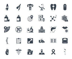 Medical Vector Icons Set. Glyph Icons, Sign and Symbols in Solid Design. Medicine, Health Care and Coronavirus COVID 19 pandemic. Mobile Concepts and Web Apps. Modern Infographic Logo and Pictogram