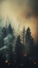 The forest is filled with thick smoke from a forest fire. Generative AI