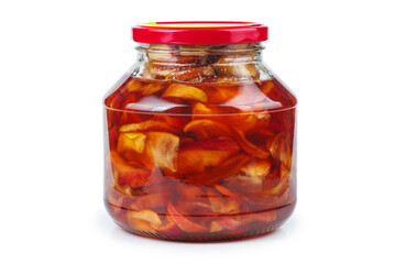 Jar of homemade apple jam isolated on white