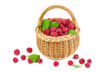 Ripe raspberries in wicker basket isolated on white background