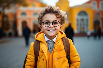 Fototapeta premium Boy in glasses is going to school for the first time. Child boy with bag go to elementary school. Child of primary school. Pupil go study with backpack. Back to school