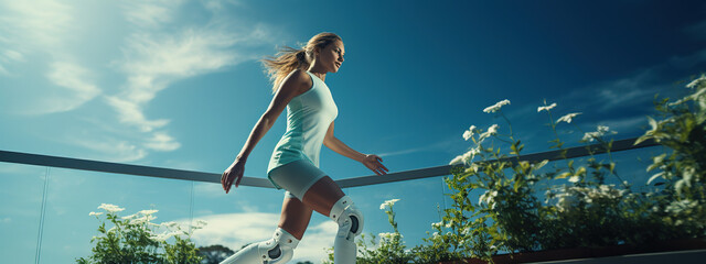Disabled running woman in sportswear doing slopes and stretching prosthetic leg on grass using railing