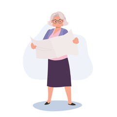 Full length illustration of Elderly Woman Reading Newspaper. Granny Standing Engrossed in Reading Newspaper