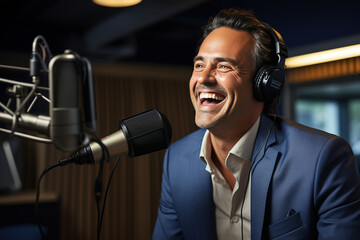 Happy radio presenters speaking into a microphone in a studio