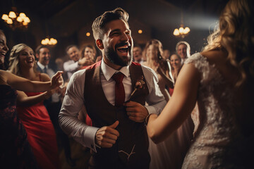 Happy groom holding hand of bride and dancing amidst guests at wedding celebration